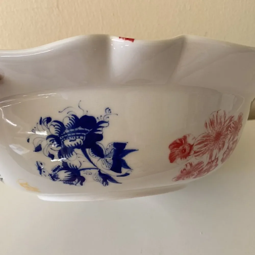 Anthropologie Large Serving Bowl White Floral Decorated Fleur 13”